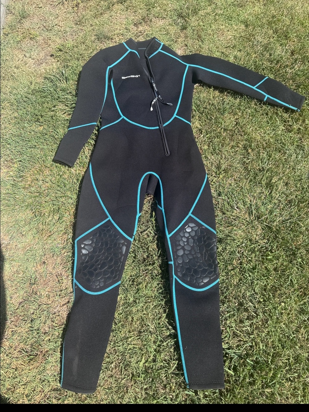 Woman’s Black and Teal One-Piece Wetsuit - Front Zip
